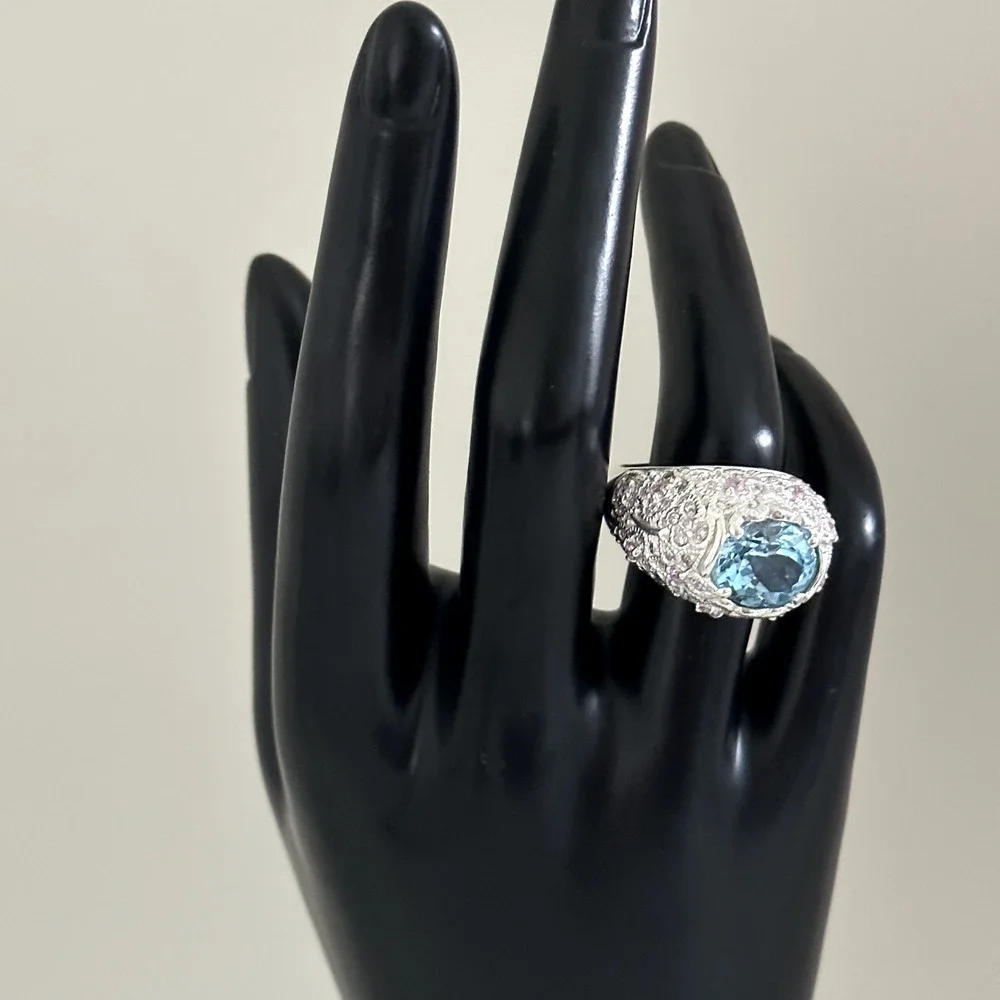David Sigal 925 Sterling Silver Genuine Blue Topaz Pink CZ Statement Ring Size 9